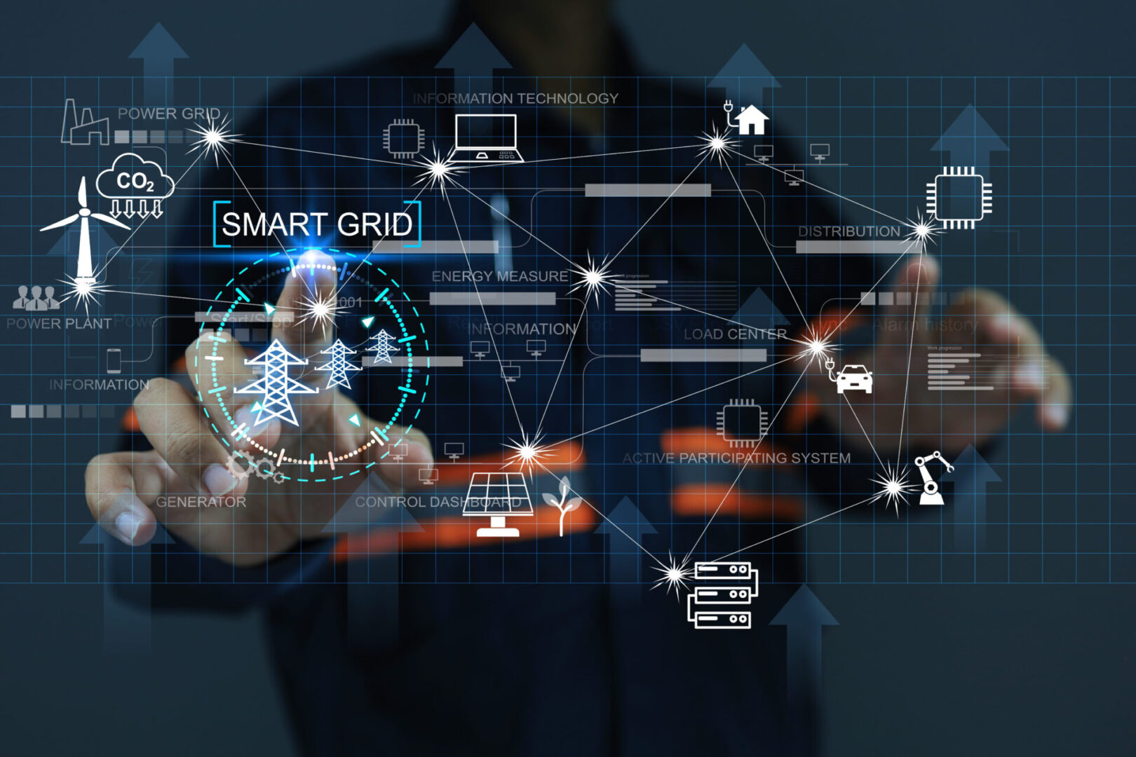 electric power Industry with electrical engineers using virtual screen presses inscription smart grid. Industrial and smart city network. Renewable Energy Smart Grid Technology engineering concept