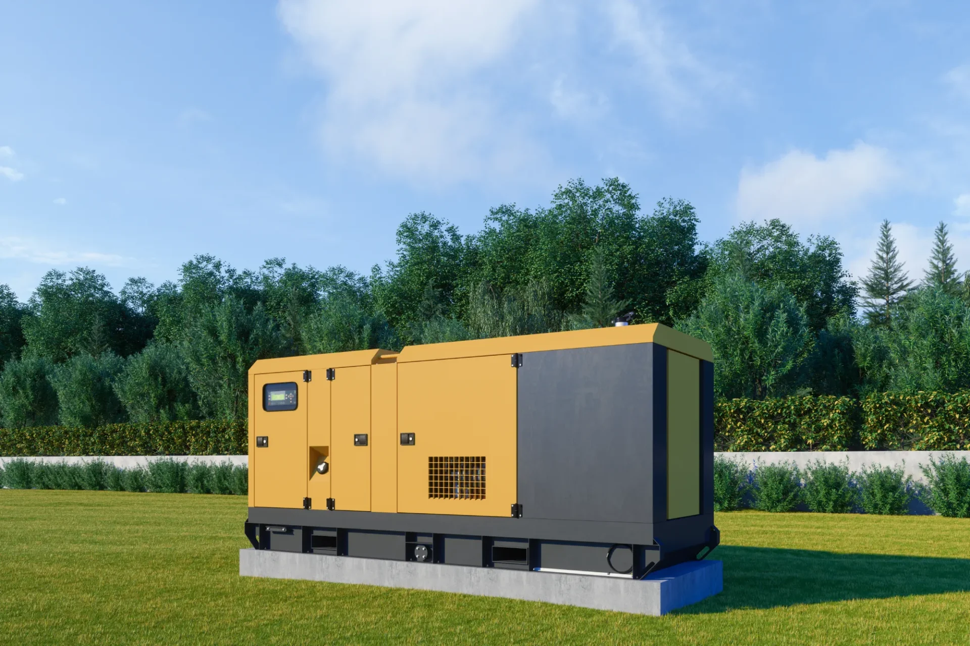 Yellow generator on grassy lawn.