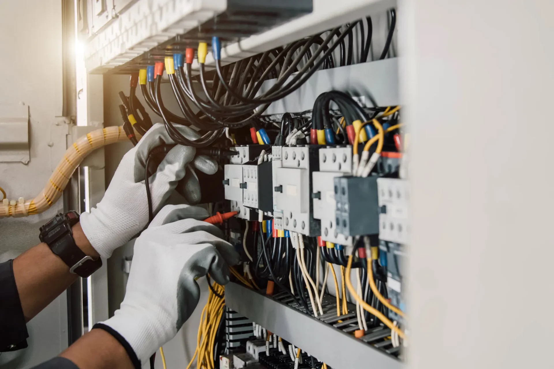 Electrician working on electrical panel.